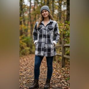 Gray Plaid women's Shacket with Black Trim